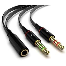 Headphone Splitter Cable for PC, Rellyuar Headset Mic and Audio Splitter Cable, Headphone Mic Splitter 3.5mm Female to 2 Male Gold Plated Headphone Mic Audio Y Splitter Flat Cable(Black)