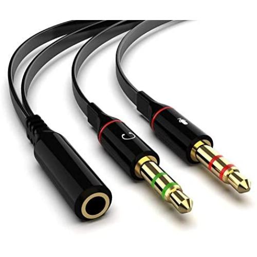 Headphone Splitter Cable for PC, Rellyuar Headset Mic and Audio Splitter Cable, Headphone Mic Splitter 3.5mm Female to 2 Male Gold Plated Headphone Mic Audio Y Splitter Flat Cable(Black)