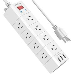 Surge Protector, POWSAF Power Strip with 12-Outlet(3-Sided) and 3 USB Ports(5V/3.4A, 17W), 6-Ft(1875W/15A) Heavy Duty Extension Cord, ETL Listed, White