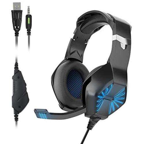 A1 Stereo Gaming Headset for PS4, PC, Xbox One Controller, Noise Cancelling Over Ear Headphones with Mic, LED Light, Bass Surround, Soft Memory Earmuffs for Laptop Mac Nintendo Switch Games