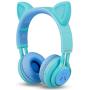 Kids Headphones, Riwbox CT-7S Cat Ear Bluetooth Headphones 85dB Volume Limiting,LED Light Up Kids Wireless Headphones Over Ear with Microphone for iPhone/iPad/Kindle/Laptop/PC/TV(Blue&Green)