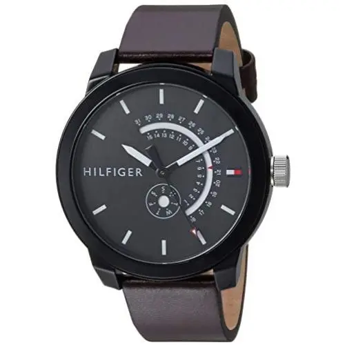 Tommy Hilfiger Mens Denim Quartz Watch with Leather Calfskin Strap, Brown, 19.1 (Model: 1791478)