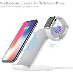 FACEVER 2 in 1 Wireless Charger Stand Dock Fast Qi Phone iWatch Charging Station Compatible for Apple Watch Series 1 2 3 4 5 iPhone 11 Pro Max X XS XR 8 8 Plus Samsung S9 S10, White