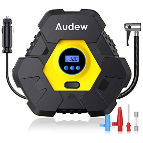 Audew Upgraded Portable Air Compressor Tire Inflator,12V 150PSI Air Pump with Auto Shut Off,Warning Light and Power Cord Storage,Digital Tire Pump for Car,Bicycle and Other Inflatables