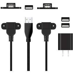 USB 2.0 Male to Dual Female Charging Extension Cable, Furniture nightstand USB Charging Port, Panel Mount Cable with Screw Hole 5ft (2 pcs and Adapter)