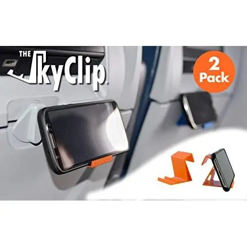 The SkyClip - (Orange, 2 Pack) Airplane Cell Phone Seat Back Tray Table Clip and Sturdy Phone Stand, Compatible with iPhone, Android, Tablets, and Readers