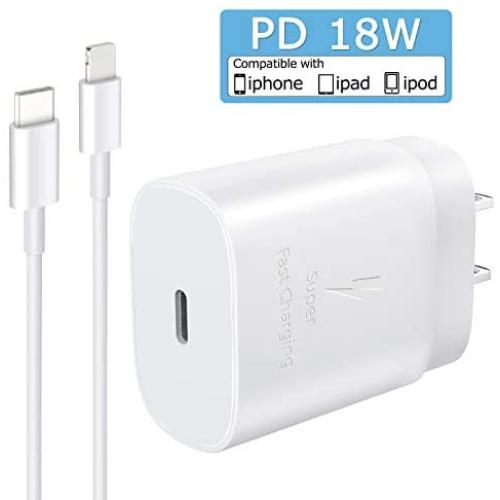 USB C Fast Wall Charger Compatible for iPhone 11, 11 Pro, 11 Pro Max, iPhone SE 2020, XR, Xs, Xs Max, X, 8, 8 Plus, iPad Pro 12.9 Gen 1/2, iPad Pro 10.5 - PD 18W Charger Adapter with Certified Cable