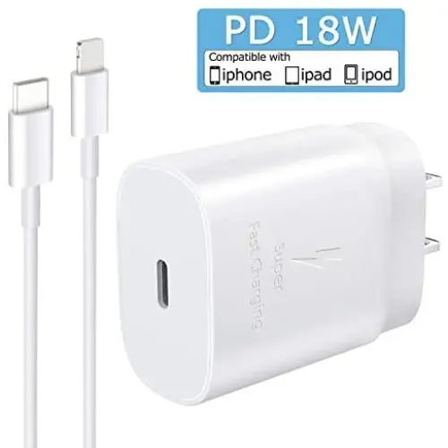 USB C Fast Wall Charger Compatible for iPhone 11, 11 Pro, 11 Pro Max, iPhone SE 2020, XR, Xs, Xs Max, X, 8, 8 Plus, iPad Pro 12.9 Gen 1/2, iPad Pro 10.5 - PD 18W Charger Adapter with Certified Cable