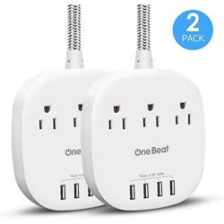 Power Strip 2 Pack, Desktop Charging Station with 3 Outlet 4 USB Ports 4.5A, Flat Plug, 5 ft Long Braided Extension Cord for Cruise Ship Travel Home Office, ETL Listed, White