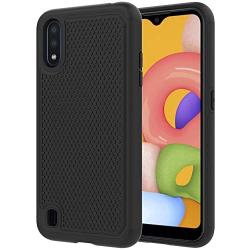 Galaxy A01 Case with Tempered Glass Screen Protector [2 Pack], Dahkoiz Armor Defender Cover Samsung Galaxy A01 Cases Dual Layer Hybrid Protective Phone Case for Samsung Galaxy A01, Black