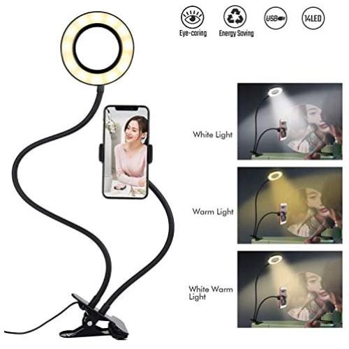 Selfie Ring Light with Cell Phone Holder for Live Stream/Makeup,3 Color Modes Eye Protection Kids Desk Lamp Book Light, 360 ° Flexible Gooseneck for Clip on Reading Lights,LED Vanity Mirror Light