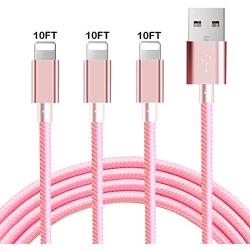 JIMROZ iPhone Charger, MFi Certified Lightning Cable 3 Pack 10ft Nylon Braided Fast Charging Sync Cord Compatible with iPhone 11 Pro Max XS XR X 8 7 6s 6 Plus 5 5s, iPad, iPod and More, Pink