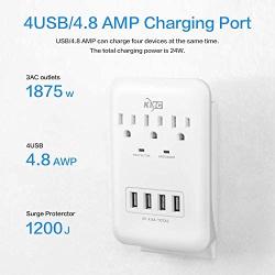 KMC 3-Outlet Wall Mount Surge Protector 900 Joules with 4.8 AMP USB Charging Ports, 4 USB Charging Ports and 1 Phone Holders for Home, School, Office, ETL Certified