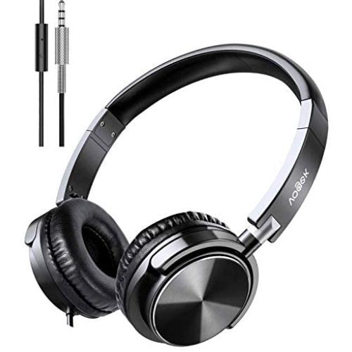 Vogek On Ear Headphones with Mic, Stereo Bass Fold-Flat Headset, Wired Portable Earphones with Safe Volume Limited 94dB, Adjustable Headband and 1.5M Tangle Free Cord for Kids Students, Black