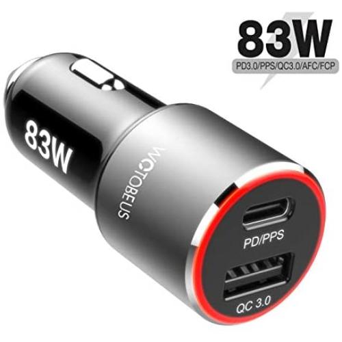 83W USB C Car Charger, WOTOBEUS Dual USB Type C Fast Car Phone Laptop Charger Adapter 65W PPS PD 18W QC3.0 Quick Charge for iPhone SE 11/iPad/MacBook/ThinkPad/HP/Pixel/S8/S9/S10/S20/Note10Plus/Note9