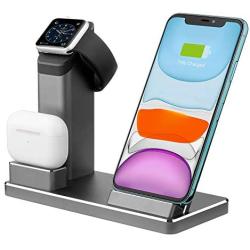 Aluminum Alloy Wireless Charger. ZIKU 3 in 1 Wireless Charging Stand Station Dock for Airpods Apple Watch 5/4/3/2 iPhone SE /11/ pro mas X/XS/XR/Xs Max/8/8 Plus- Include 18W USB-C Charger (Gray)