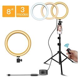 8” Selfie Ring Light with Tripod Stand & Cell Phone Holder, Dimmable LED Ringlight for Live Stream/Makeup, Shooting with 3 Light Modes & 11 Brightness Level, Compatible with iPhone and Android