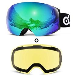 Odoland Magnetic Interchangeable Ski Goggles with 2 Lens, Large Spherical Frameless Snow Goggles for Men & Women, OTG and UV400 Protection