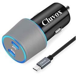 Cluvox Dual USB C Fast Car Charger Compatible for Samsung Galaxy S20/Plus/Ultra/S10/S10E/S9+/A20/A50/Note 10, Google Pixel 4a/4 XL/3a XL/2 18W Power Delivery Rapid Car Adapter with 3FT Type C Cord