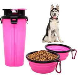 Dog Water Food Bottle for Walking Travelling Hiking Camping 2-In-1 Pet Food Container with 2 Collapsible Dog Bowls Outdoor Travel Water Dispenser Leak Proof Cup Portable Drinking Bottle for Cat Puppy