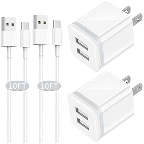 Android Charger Cable 10FT with Wall Plug 4-Pack, NILUOYA Micro Fast Charging Cord and Dual USB Wall Adapter Block Cube for Samsung Galaxy S7 S6 S5 Edge J7 J8, Moto, LG, HTC, Tablet More Cell Phone
