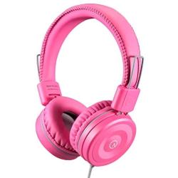 Kids Headphones-noot products K22 Foldable Stereo Tangle-Free 3.5mm Jack Wired Cord On-Ear Headset for Children/Teens/Girls/Smartphones/School/Kindle/Airplane/Plane/Tablet-Flamingo Pink/Gray