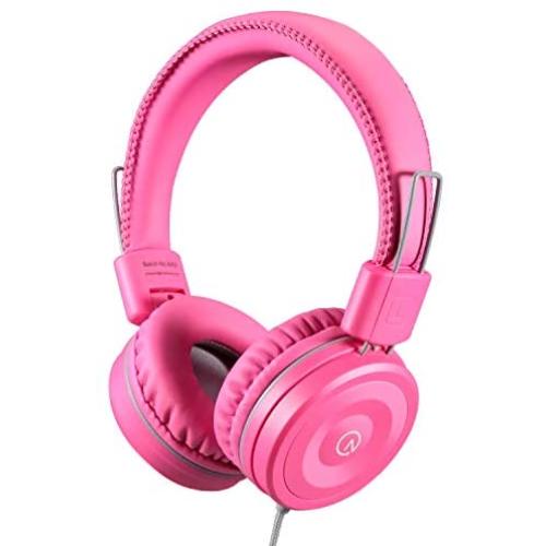 Kids Headphones-noot products K22 Foldable Stereo Tangle-Free 3.5mm Jack Wired Cord On-Ear Headset for Children/Teens/Girls/Smartphones/School/Kindle/Airplane/Plane/Tablet-Flamingo Pink/Gray