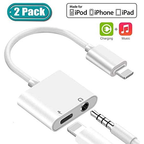 [Apple MFi Certified] 2 Pack - for iPhone Headphones Adapter, Lightning to 3.5mm Headphone Jack Adapter Dual Ports Dongle Charge Jack AUX Audio 3.5mm for iPhone 7/8/11/11 Pro/X/XS/XR, Support All iOS