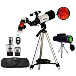 Astronomical Telescopes + Monocular Travel Scope 70mm Aperture 400mm AZ Mount Astronomical Refractor Telescopes for Kids Adults Beginners - Portable Bag, Smartphone Adapter, Camera Remote