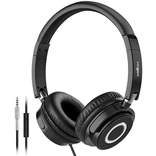 Vogek On Ear Headphones with Mic, Lightweight Portable Fold-Flat Stereo Bass Headphones with 1.5M Tangle Free Cord and Microphone-Black