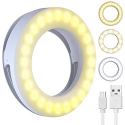 DAVID ROCCO Selfie Light Ring, 3.5 inch Rechargeable Clip on LED Ring Light Camera Ringlight with 40 LEDs for iPhone Android Smart Phone Photography, YouTube Video, Makeup (White)