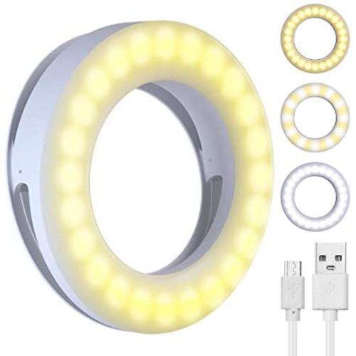 DAVID ROCCO Selfie Light Ring, 3.5 inch Rechargeable Clip on LED Ring Light Camera Ringlight with 40 LEDs for iPhone Android Smart Phone Photography, YouTube Video, Makeup (White)