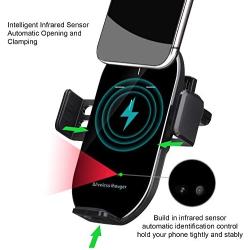 Wireless Car Charger, Anstop 2-in-1 Cup Holder Phone Mount Air Vent Holder Auto Clamping Qi Fast Charging Cell Phone Holder Compatible iPhone 11/Xs Max/XS/XR/X/8/8+, Samsung S10/S10+/S9/S9+（Black）