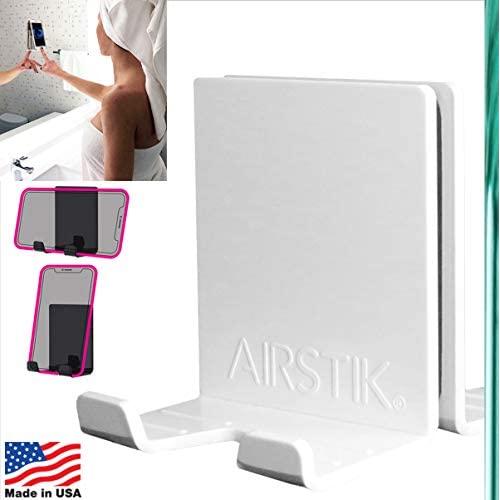 AIRSTIK Cradle for Any Phone Tablet Pad Holder Selfie Caddy Mount Shelf Bathroom Shower Glass Mirror Window Wall Universal Reusable Waterproof TikTok compatible with iPhone or iPad Made in USA (White)