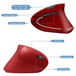 Vassink Ergonomic Rechargeable Wireless Mouse, 2.4Hz Rechargeable Wireless Vertical Optical Mice with USB Receiver, 6 Buttons, 800/1200/1600 DPI RED