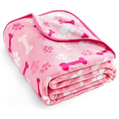 ALLISANDRO 350 GSM-Super Soft and Premium Fuzzy Flannel Fleece Pet Dog Blanket, The Cute Paw and Bone Design Washable Fluffy Blanket for Puppy Cat Kitten Indoor or Outdoor, Pink and Blue