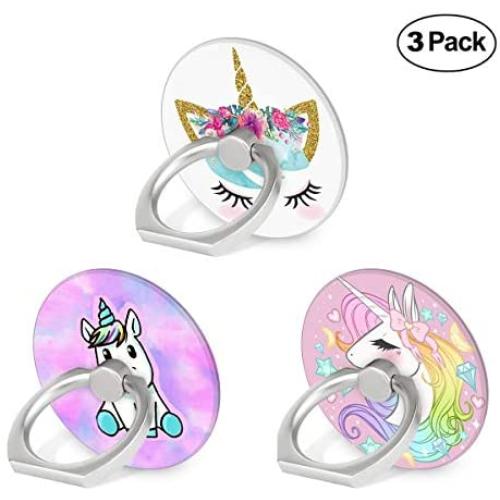 Cell Phone Ring Holder, 3-Pack 360 Degree Rotation Universal Pop Grip Stand Anti- Drop Finger Holder for Smartphone and Tablets - Cute Unicorn