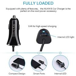 Samsung Galaxy S8 Car Charger, Ailkin 3.4A/3ft USB Type C Car Charger Adapter & Power Cable Line for S10 S9 S8 Note 9, Pixel 3XL, LG V40 V30 G7 G6 G5, Google Pixel, Sony Xperia, Xiaomi, Blu Vivo-Black