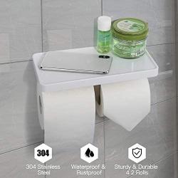 CRO DECOR Double Roll Toilet Paper Holder with Shelf, Bathroom Tissue Paper Roll Holder with Mobile Phone Storage 2 Rolls, White