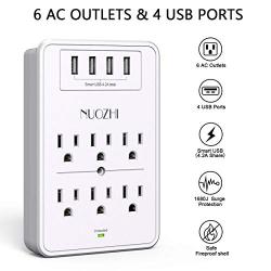 Multi Plug Outlet, Surge Protector, NUOZHI USB Wall Charger with 6-Outlet Extender and 4 USB Ports,1680 Joules, White, ETL Listed