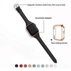 WFEAGL Leather Bands Compatible with Apple Watch 38mm 40mm 42mm 44mm, Top Grain Leather Band Slim & Thin Wristband for iWatch Series 5 & Series 4/3/2/1 (Black Band+Rose Gold Adapter, 38mm 40mm)