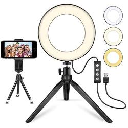 LED Ring Light 6" with Tripod Stand for YouTube Video and Makeup, Mini LED Camera Light with Cell Phone Holder Desktop LED Lamp with 3 Light Modes & 11 Brightness Level (6")