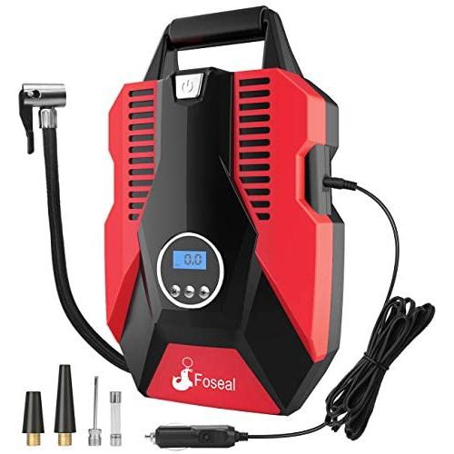 Foseal Portable Air Compressor Pump, 12V DC Digital Tire Inflator 150 PSI Auto Shut-off Easy to Use Tire Pump with Emergency Led Light & Long Cable for Car Motorcycle Bicycle/Schrader Tires Balls-Red