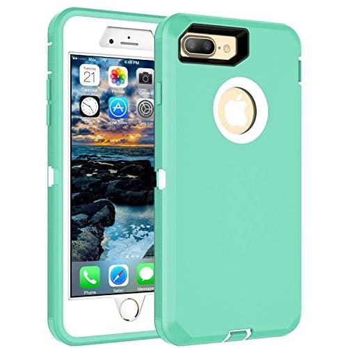 MXX Heavy Duty Defense Case with Screen Protector 4 Layers Rugged Rubber Shockproof Protection Case Cover for Apple iPhone 7 Plus/ iPhone 8 Plus  Aqua green/White
