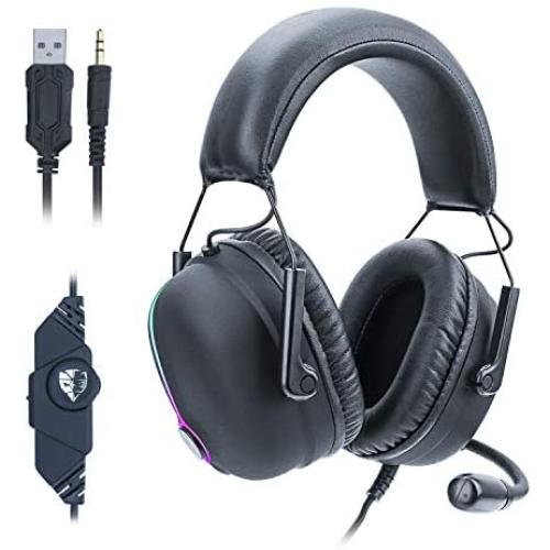 V11 Stereo Gaming Headset for PS4, PC, Xbox One Controller, Noise Cancelling Over Ear Headphones with Mic, LED Light, Bass Surround, Soft Memory Earmuffs for Laptop Mac Nintendo Switch Games