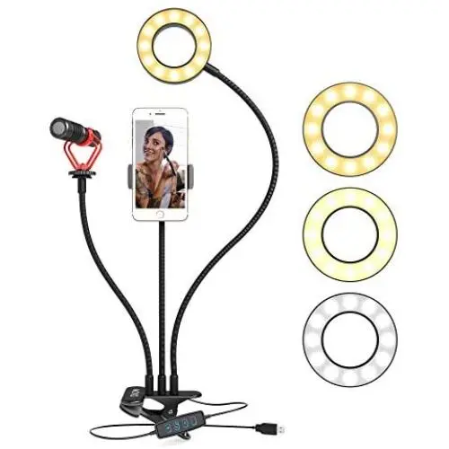 Movo Desk Ring Light with Stand and Phone Holder with VXR10 Video Microphone Compatible with iPhone, Android Smartphones - Smartphone Video Recording Kit Perfect for Vlogging and YouTube Equipment