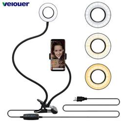 Velouer Selfie Ring Light with Cell Phone Holder Stand for Live Stream/Makeup, LED Camera Lighting [3-Light Mode] [10-Level Brightness] with Flexible Arms Compatible with iPhone 8 7 6 Plus X Android