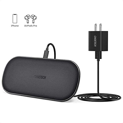 CHOETECH Dual Wireless Charger, 5 Coils Qi Certified Fast Wireless Charging Pad Compatible with iPhone SE 2020/11/11 Pro/11 Pro Max/XS Max/X, Galaxy S20+/S10/Note 10, AirPods Pro(Adapter Included)