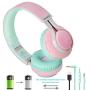 Riwbox WT-7S Bluetooth Headphones Light Up, Foldable Stero Wireless Headset with Microphone and Volume Control for PC/Cell Phones/TV/iPad (Pink Green)