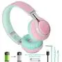Riwbox WT-7S Bluetooth Headphones Light Up, Foldable Stero Wireless Headset with Microphone and Volume Control for PC/Cell Phones/TV/iPad (Pink Green)
